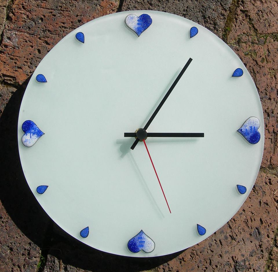 Blue hearts clock in vitreous enamel